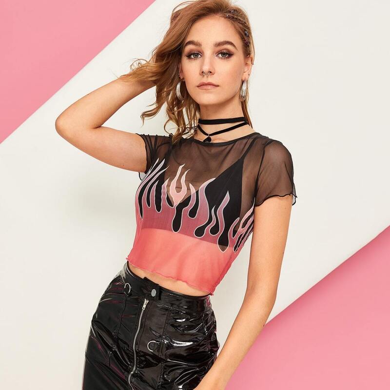 

Fire Print Crop Mesh Tee Without Bra, Multicolor