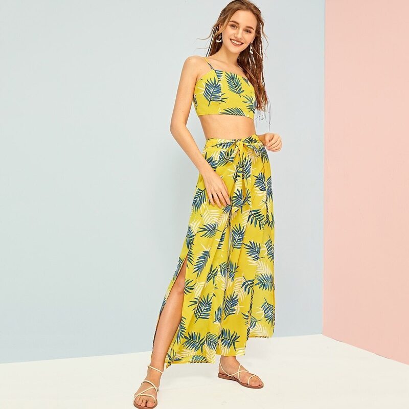 

Leaf Print Cami Top With Tie Front Split Thigh Pants, Multicolor