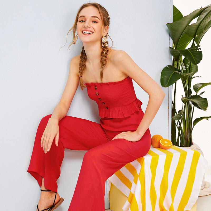 

Button Frill Trim Shirred Bandeau Top & Wide Leg Pants Set, Red