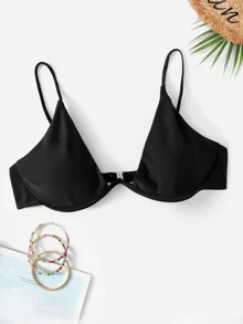 Top de bikini con tirantes finos y aros, para verano y vacaciones en la playa - Negro - Ver 1