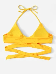 Criss Cross Wrap Halter Bikini Top, For Summer Beach Vacation - Mustard Yellow - View 2