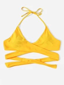 Criss Cross Wrap Halter Bikini Top, For Summer Beach Vacation - Mustard Yellow - View 3