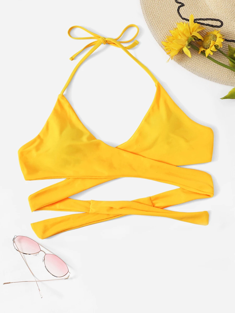 Criss Cross Wrap Halter Bikini Top, For Summer Beach Vacation - Mustard Yellow - View 1