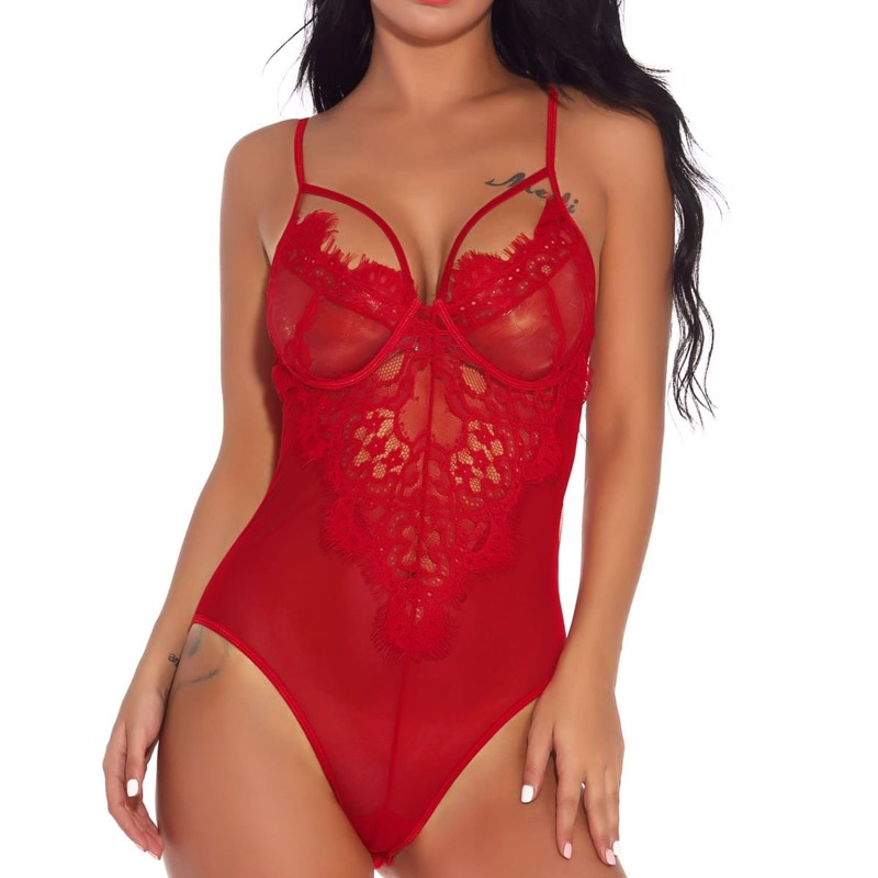 

Floral Lace Harness Teddy Bodysuit, Red