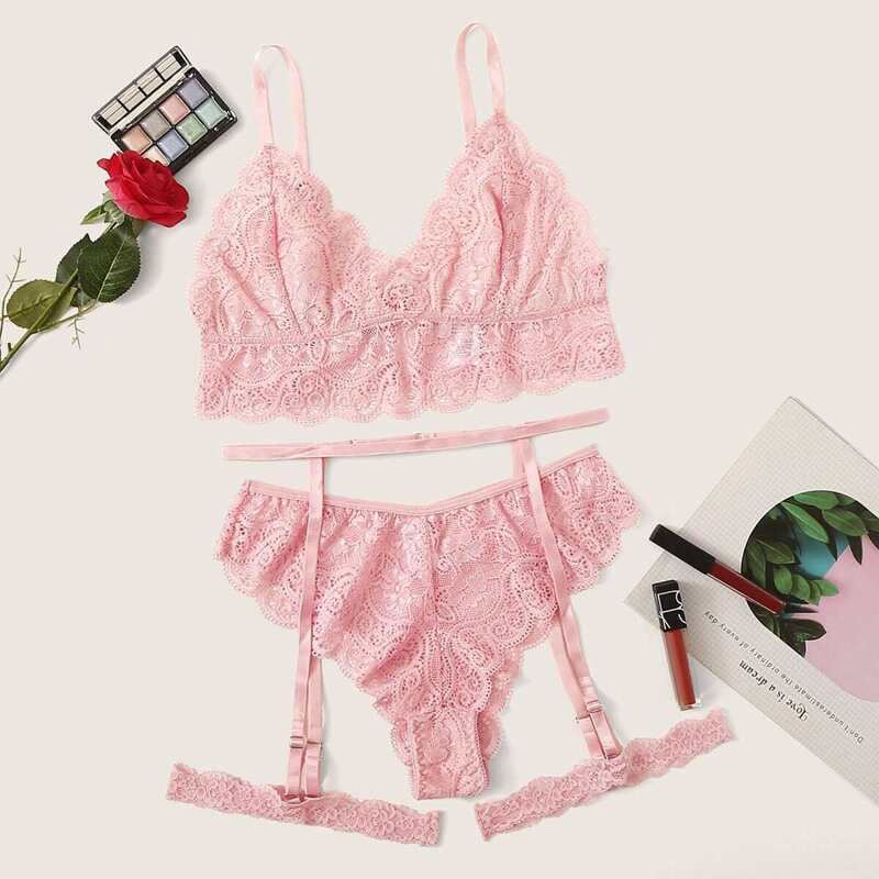 

Floral Lace Garter Lingerie Set, Pink pastel