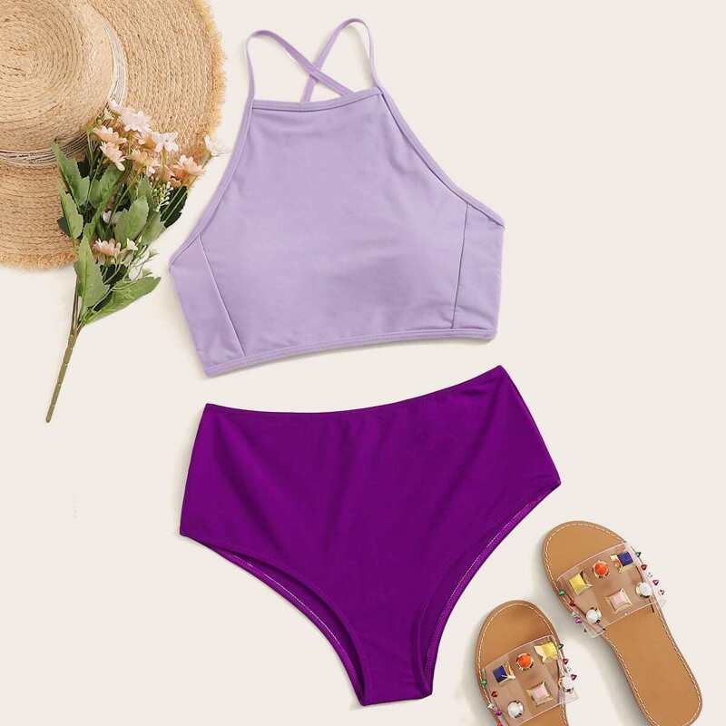 

Criss-cross Tie Back Top With High Waist Bikini Set, Purple