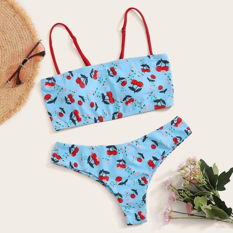 

Cherry Print Spaghetti Strap Top With Hipster Bikini, Multicolor