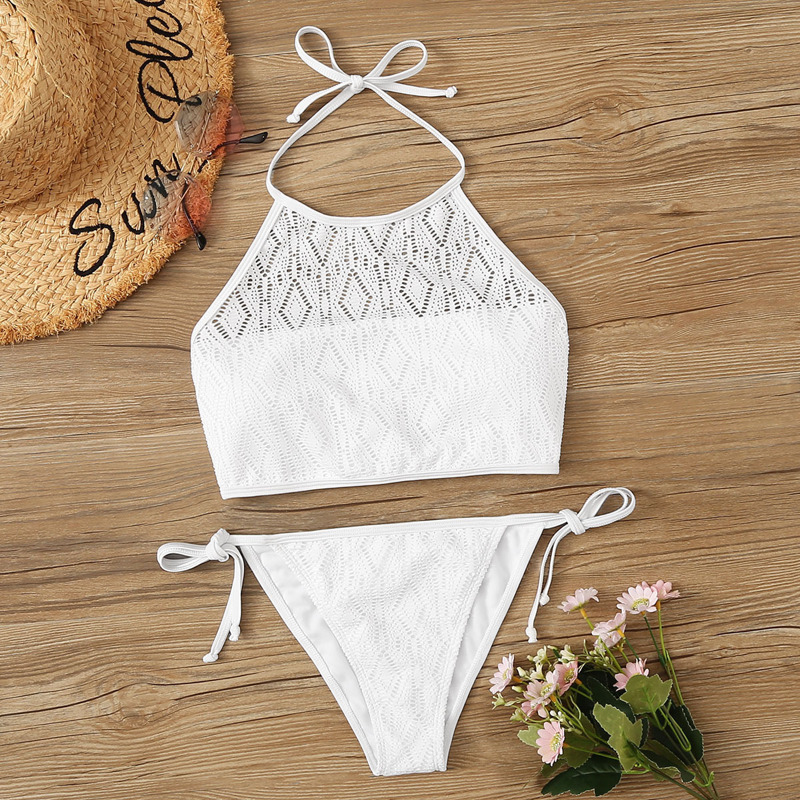 

Laser Cut-out Halter Top With Tie Side Bikini Set, White