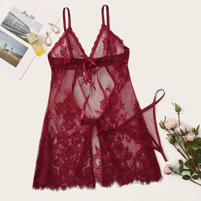 

Floral Lace Sheer Slips With Thong, Burgundy