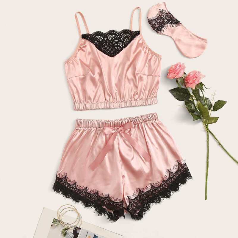 

Floral Lace Satin Cami With Shorts & Eye Mask, Pink
