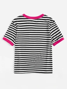 SHEIN EZwear 口袋貼布條紋鑲邊tee - 彩色 - 查看 2