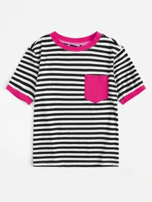 SHEIN EZwear 口袋貼布條紋鑲邊tee - 彩色 - 查看 3