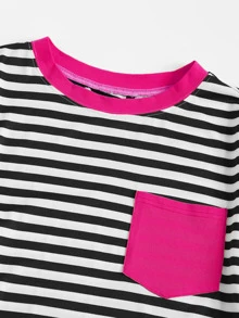 SHEIN EZwear 口袋貼布條紋鑲邊tee - 彩色 - 查看 5