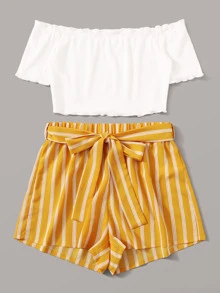 SHEIN Off Shoulder Top and Self Belted Shorts Set - Multicolor - View 3