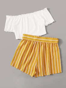 SHEIN Off Shoulder Top and Self Belted Shorts Set - Multicolor - View 2