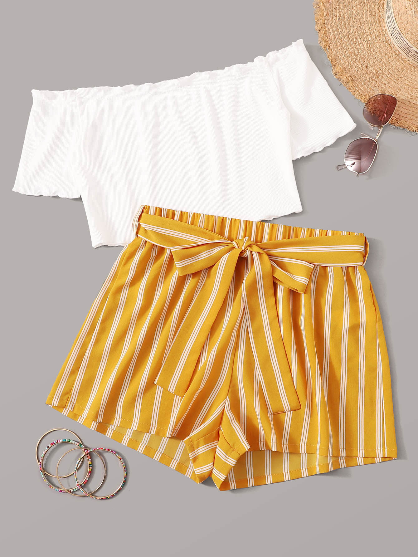 SHEIN Off Shoulder Top and Self Belted Shorts Set - Multicolor - View 1