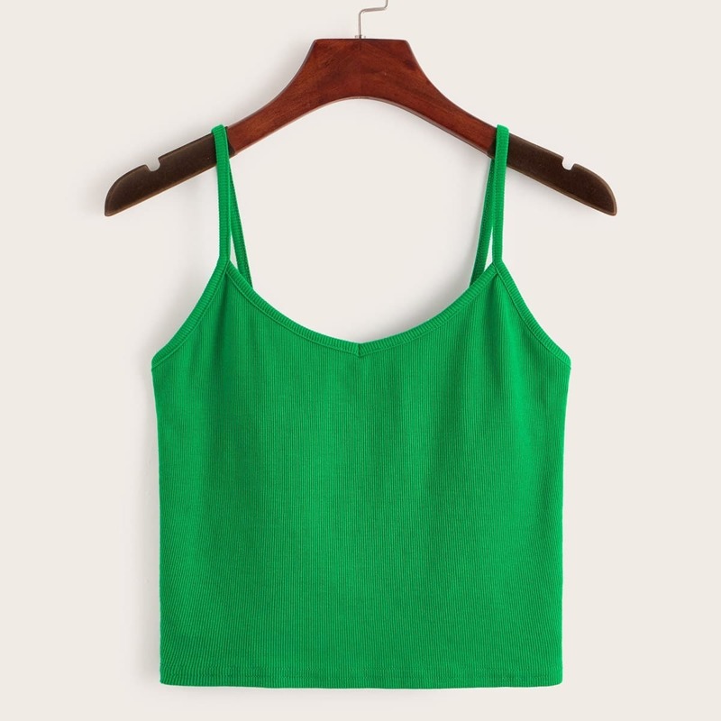 

Solid Rib-knit Crop Cami Top, Green bright