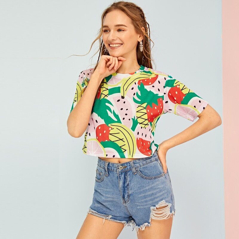 

Fruits Print Crop Tee, Multicolor