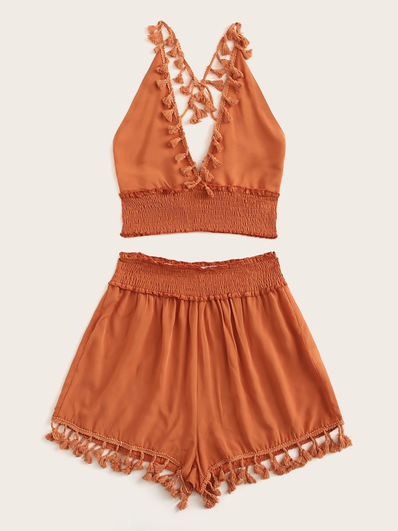 Fringe Trim Shirred Criss Cross Halter Top With Shorts ROMWE