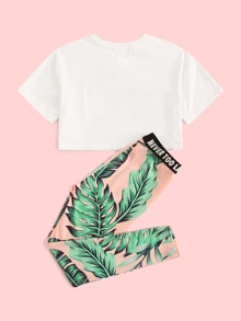 SHEIN Tween Girl Jungle Print Tee & Letter Tape Leggings Set - Multicolor - View 2