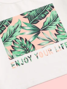 SHEIN Tween Girl Jungle Print Tee & Letter Tape Leggings Set - Multicolor - View 3