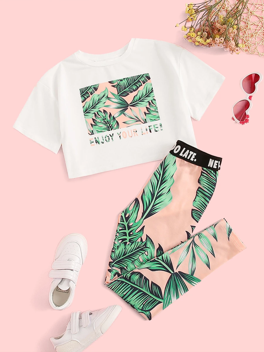 SHEIN Tween Girl Jungle Print Tee & Letter Tape Leggings Set - Multicolor - View 1