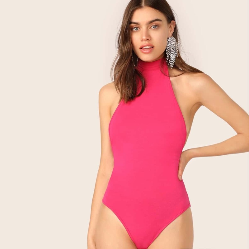 

Neon Pink Open Back Fitted Halter Bodysuit, Pink bright