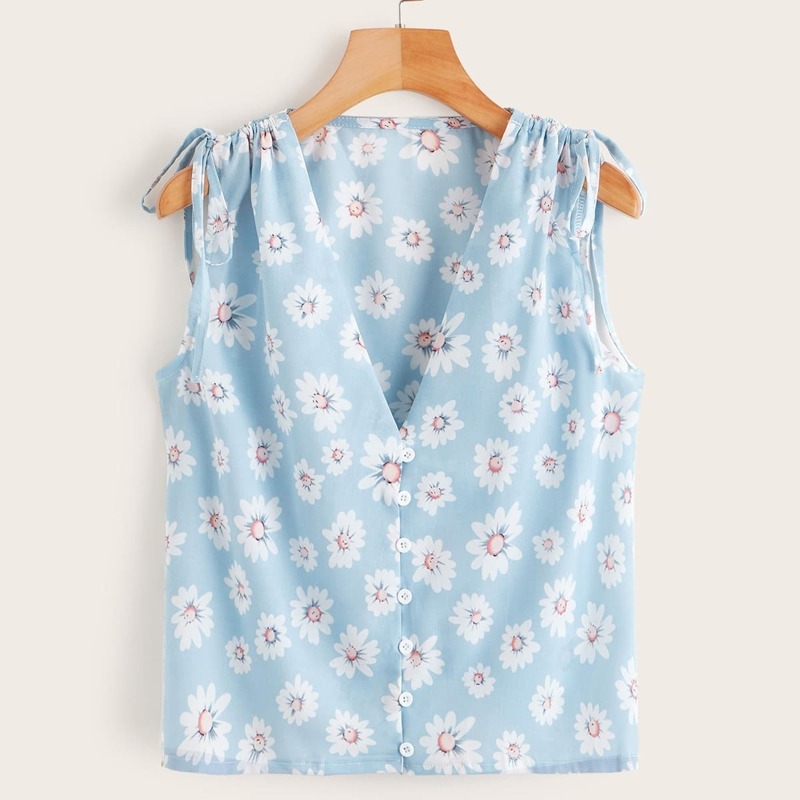 

Daisy Floral Drawstring V-neck Blouse, Blue