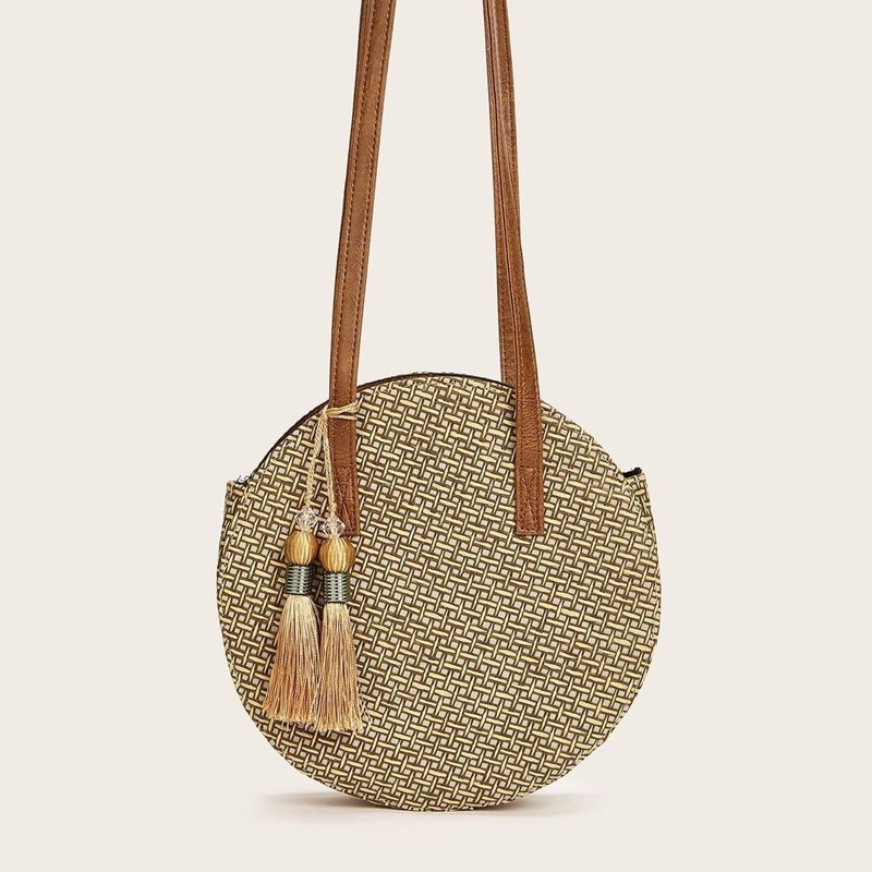 

Tassel Fringe Hem Decor Round Bag, Khaki