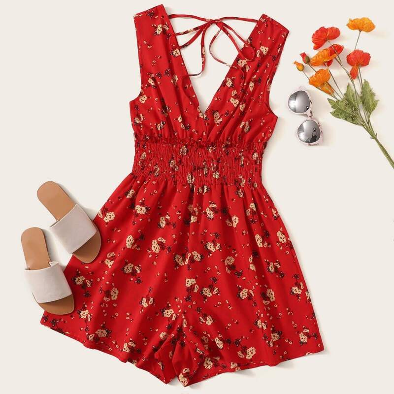 

Plus Floral Print Shirred Romper, Red
