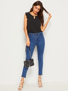 SHEIN Clasi 鏤空領貝殼邊袖口貝殼上衣 - 黑色 - 查看 4