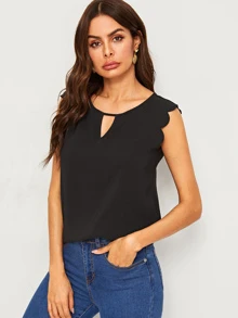 SHEIN Clasi 鏤空領貝殼邊袖口貝殼上衣 - 黑色 - 查看 5