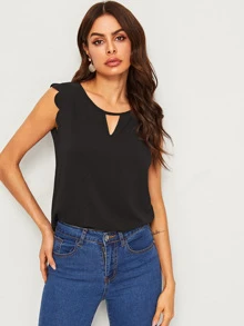 SHEIN Clasi 鏤空領貝殼邊袖口貝殼上衣 - 黑色 - 查看 3