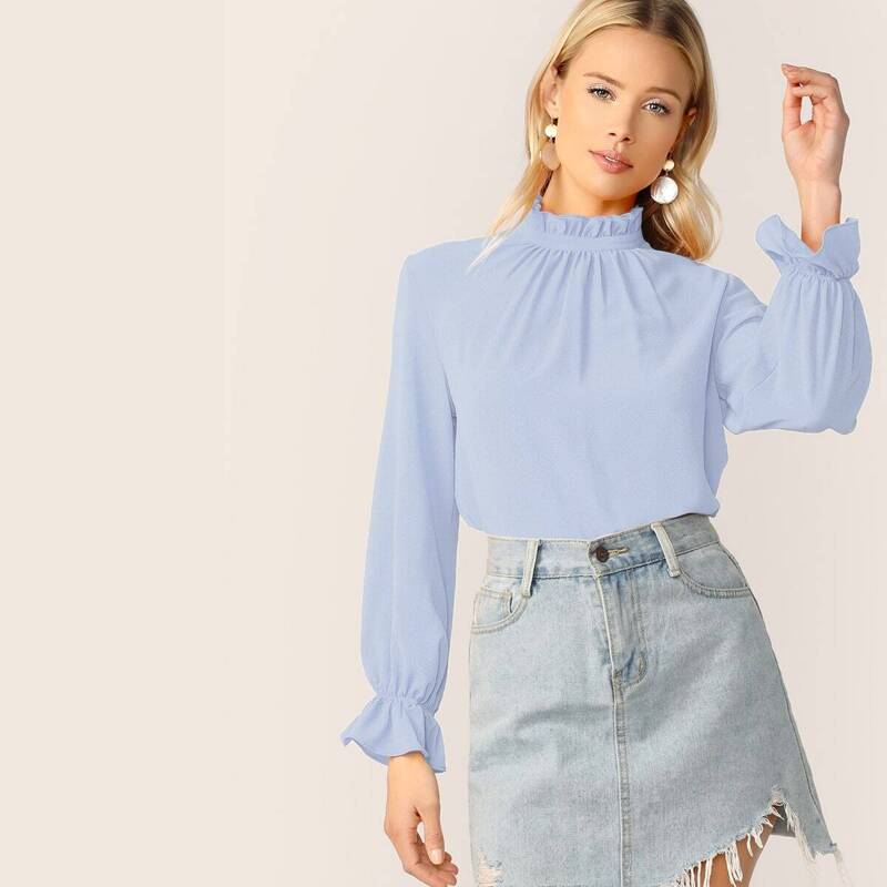 

Frilled Neck Bell Cuff Top, Blue