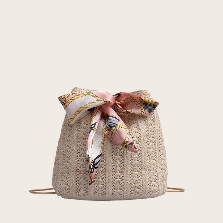 

Twilly Scarf Woven Bucket Bag, Beige