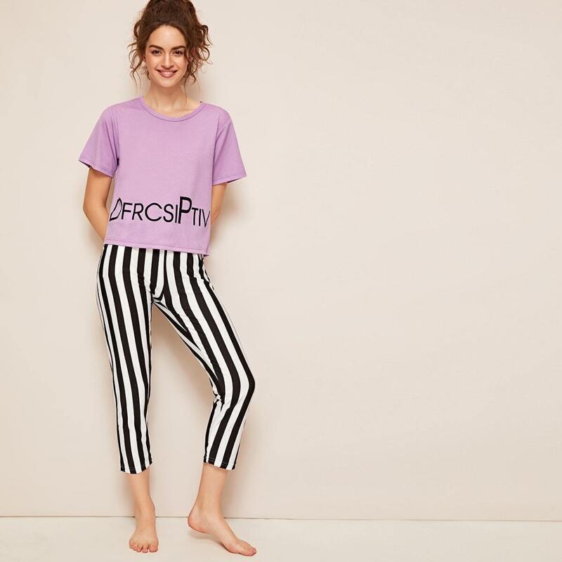 

Letter Print Top & Striped Pants PJ Set, Multicolor