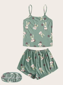 Rabbit Print Polka Dot Cami PJ Set / Pajama Set With Eye Cover - Mint Green - View 2