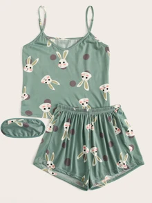 Rabbit Print Polka Dot Cami PJ Set / Pajama Set With Eye Cover - Mint Green - View 3