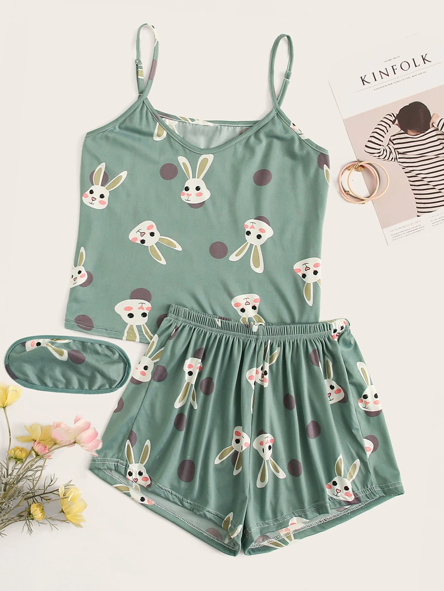 Rabbit Print Polka Dot Cami PJ Set / Pajama Set With Eye Cover - Mint Green - View 1