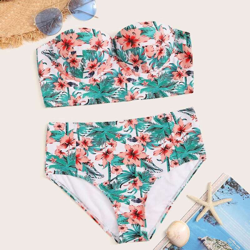 

Random Tropical Bustier High Waist Bikini Set, Multicolor