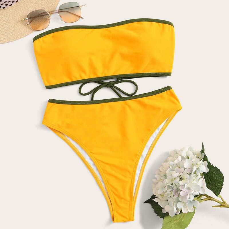

Contrast Piping Lace-up Bandeau With High Waist Bikini, Yellow