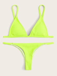 Conjunto de bikini de triángulo acanalado de color neón lima para playa de verano - Verde Lima - Ver 4