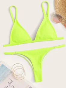 Conjunto de bikini de triángulo acanalado de color neón lima para playa de verano - Verde Lima - Ver 3