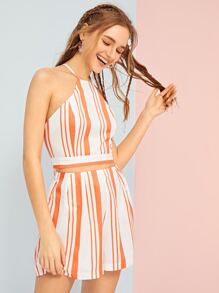 Striped Criss Cross Tie Back Halter top With Shorts