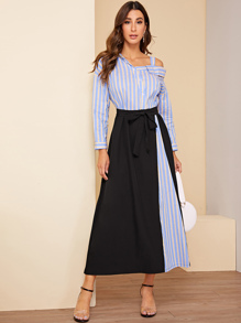 Striped Waist Tie Asymmetric Neck Dress