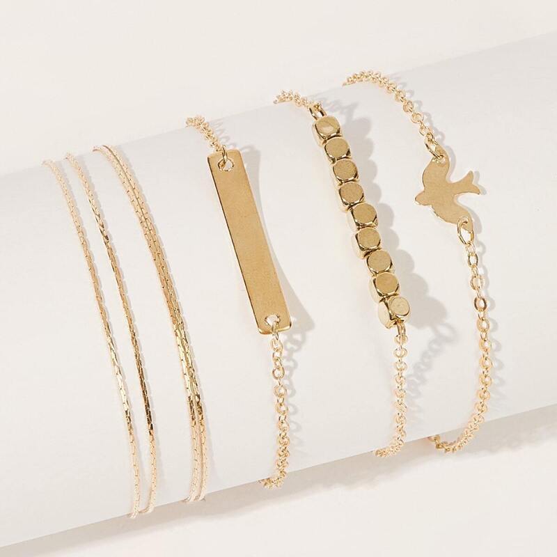 

Bar & Bird Charm Chain Bracelet 4pcs, Gold