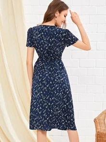 Ditsy Floral Print Knot Side Wrap Dress - Navy Blue - View 2