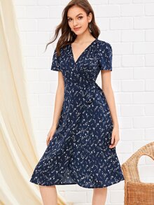Ditsy Floral Print Knot Side Wrap Dress - Navy Blue - View 4