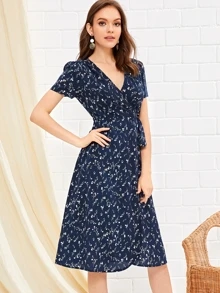 Ditsy Floral Print Knot Side Wrap Dress - Navy Blue - View 6
