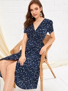 Ditsy Floral Print Knot Side Wrap Dress - Navy Blue - View 1
